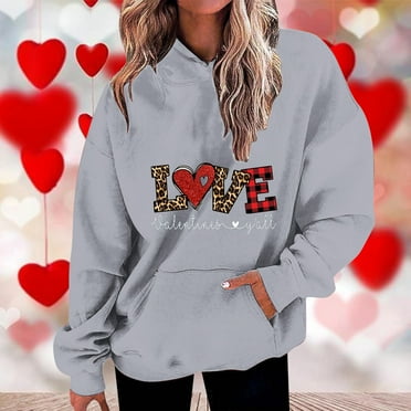 BLTIBY 2025 Valentine's Day Sweatshirt Hoodies for Women Printed Long Sleeve Round Neck Shirt Fashion Pullover Tops with Pockets Gray XXL
