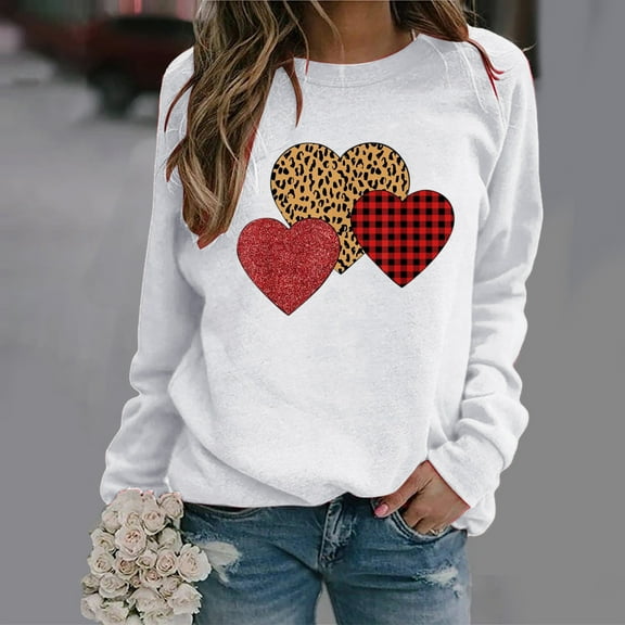 BLTIBY 2025 Valentine's Day Sweatshirt for Women Funny Love Heart Graphic Valentines Shirts Autumn Spring Casual Valentines Round Neck Long Sleeve Pullover Tops White XL