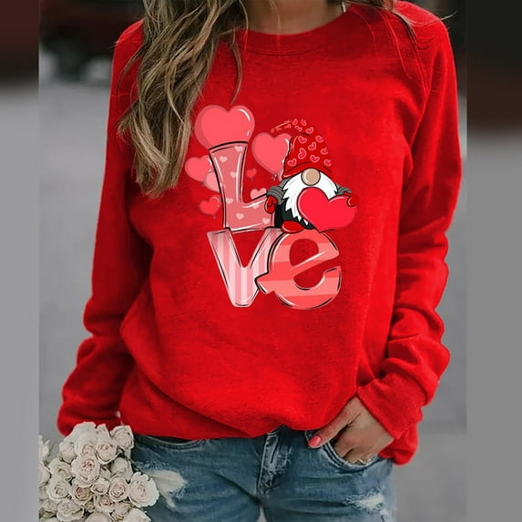 BLTIBY 2025 Valentine's Day Sweatshirt for Women Spring Autumn Funny Love Heart Graphic Valentines Shirt Casual Valentines Round Neck Long Sleeve Pullover Top Red M