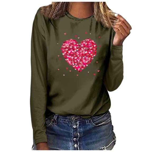 BLTIBY 2025 Valentine's Day Sweatshirts for Women Autumn Spring Long Sleeve Crewneck Funny Love Heart Graphic Valentines Shirts Casual Valentines Pullover Top Green 3XL
