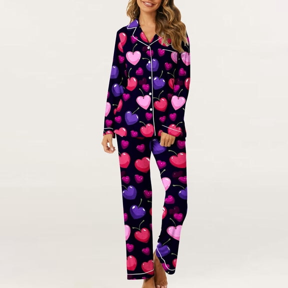 BLTIBY 2025 Valentine's Day for Women Heart Printed Long Sleeve Tee and Pant 2 Piece Button Down Sleepwear Lounge Sets with Soft Pants Multicolor 4 XXL