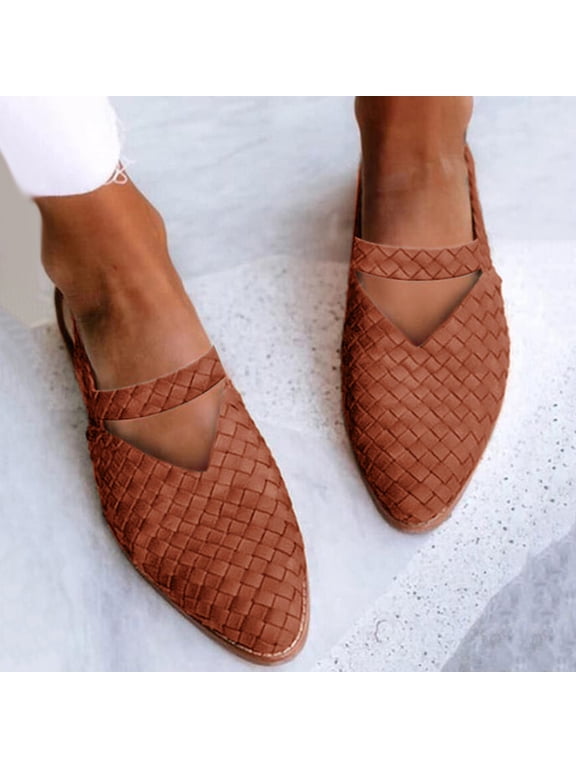 2025 Weave Sandal for Women Fashion Pointed Toe Closed Toe Cutout Strap Buckle Low Heel Casual Shoes Summer Comfortable Flat Slides Mules Shoes Brown 39