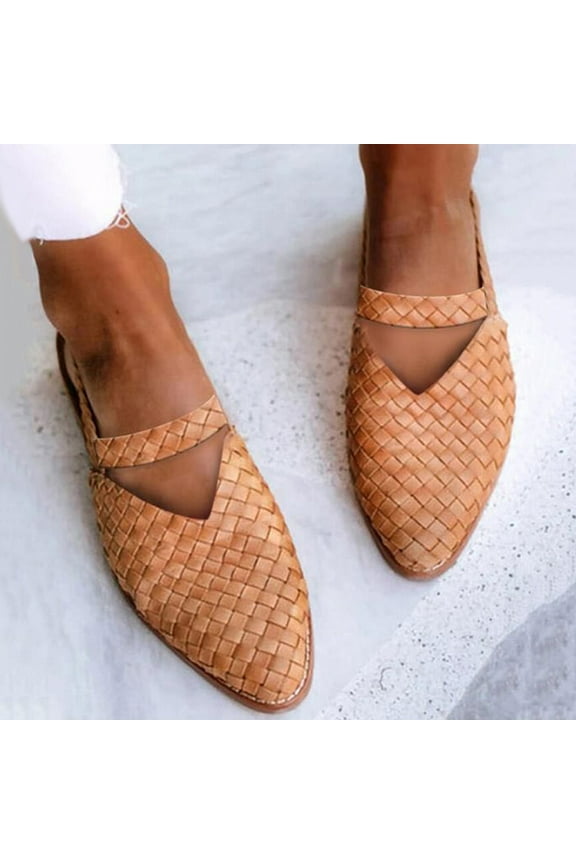 2025 Weave Sandal for Women Fashion Pointed Toe Closed Toe Cutout Strap Buckle Low Heel Casual Shoes Summer Comfortable Flat Slides Mules Shoes Khaki 40