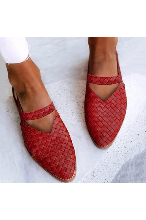 2025 Weave Sandal for Women Fashion Pointed Toe Closed Toe Cutout Strap Buckle Low Heel Casual Shoes Summer Comfortable Flat Slides Mules Shoes Red 35
