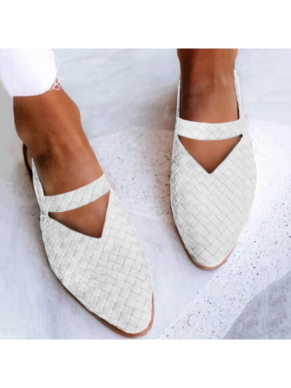 2025 Weave Sandal for Women Fashion Pointed Toe Closed Toe Cutout Strap Buckle Low Heel Casual Shoes Summer Comfortable Flat Slides Mules Shoes White 39