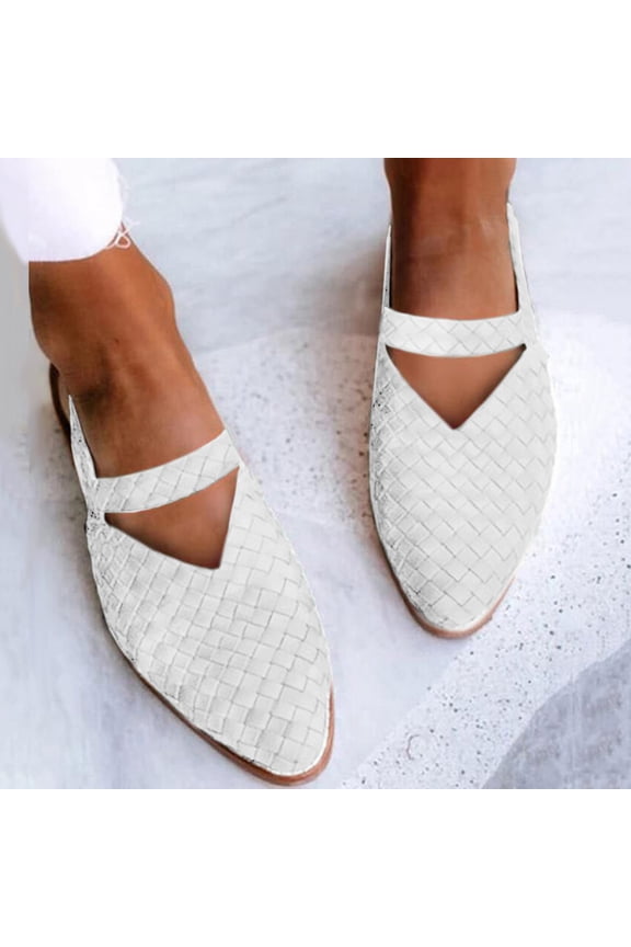 2025 Weave Sandal for Women Fashion Pointed Toe Closed Toe Cutout Strap Buckle Low Heel Casual Shoes Summer Comfortable Flat Slides Mules Shoes White 43