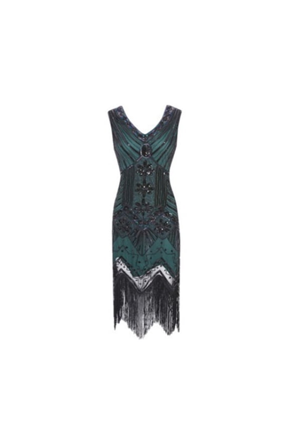 2025 Women 1920s Vintage Sequin Dress Lace V Neck Tassel Glitter Art Deco Flapper Dresses with Sleeveless Casual Dress Green 4XL