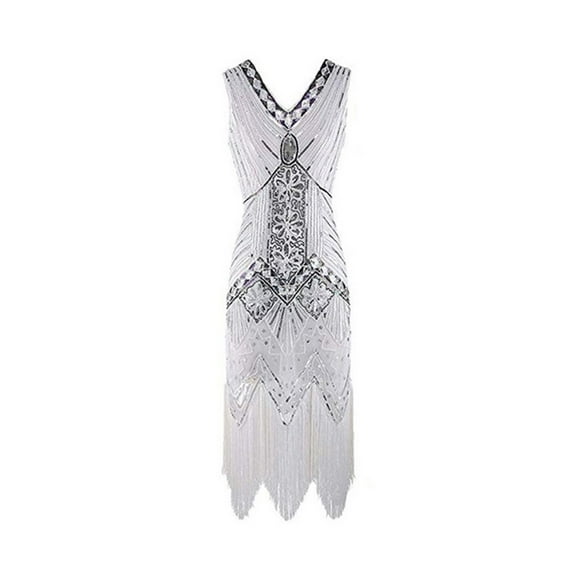 BLTIBY 2025 Women 1920s Vintage Sequin Dress Lace V Neck Tassel Glitter Art Deco Flapper Dresses with Sleeveless Casual Dress White 4XL