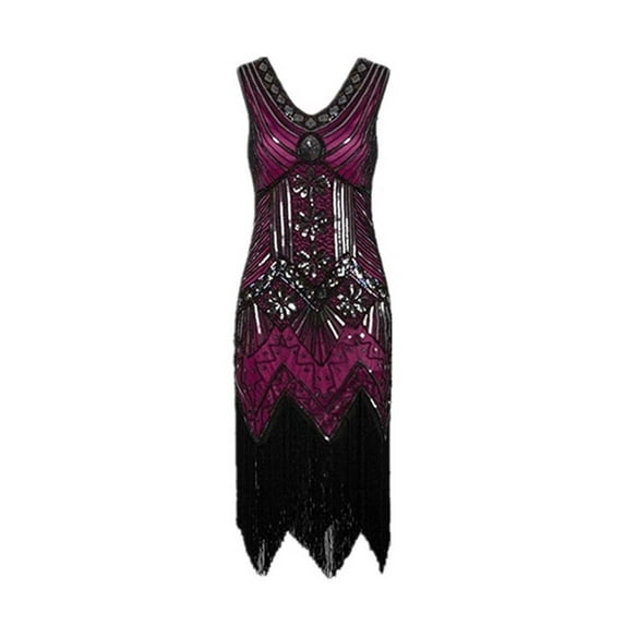 BLTIBY 2025 Women 1920s Vintage Sequin Dress Lace V Neck Tassel Glitter Art Deco Flapper Dresses with Sleeveless Hot Pink L