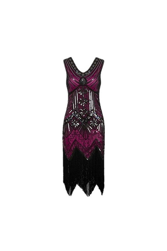 2025 Women 1920s Vintage Sequin Dress Lace V Neck Tassel Glitter Art Deco Flapper Dresses with Sleeveless Hot Pink XXL