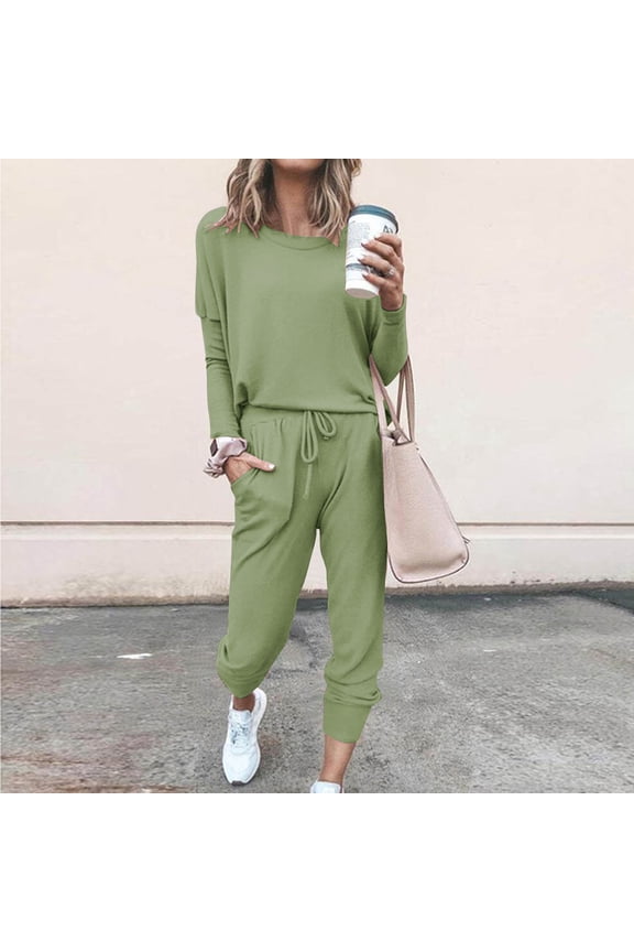 2025 Women 2 Piece Outfits Sweatsuit Round Neck Sweatshirt SweatPants Lounge Matching Set Winter Trendy Clothes with Pocket Army Green 3XL
