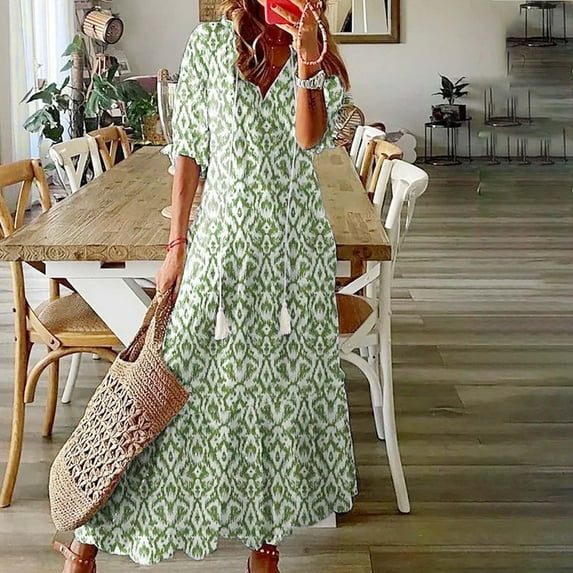 BLTIBY 2025 Women Boho Maxi Dresses Short Sleeve Summer Bohemian Floral Printed V Neck Tie Casual Loose Beach Dress Green XXL
