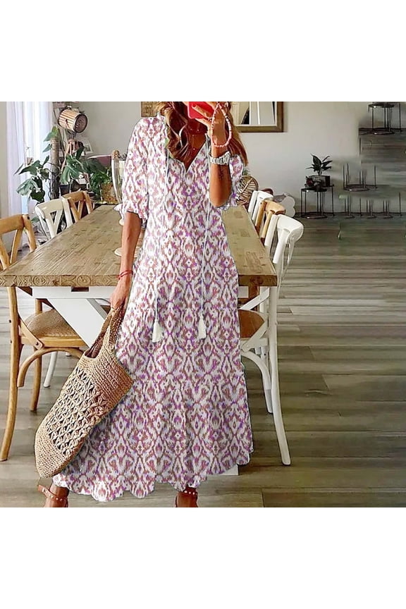 2025 Women Boho Maxi Dresses Short Sleeve Summer Bohemian Floral Printed V Neck Tie Casual Loose Beach Dress Pink L