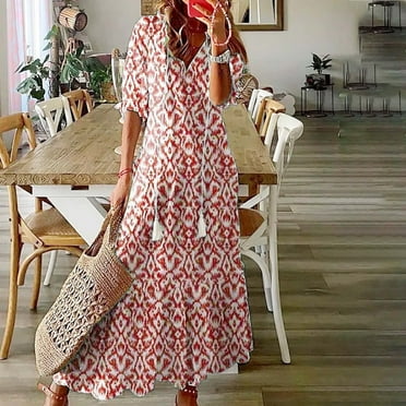 BLTIBY 2025 Women Boho Maxi Dresses Short Sleeve Summer Bohemian Floral Printed V Neck Tie Casual Loose Beach Dress Red L