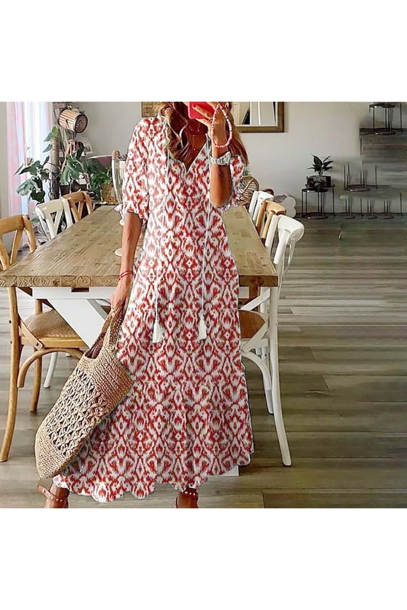 2025 Women Boho Maxi Dresses Short Sleeve Summer Bohemian Floral Printed V Neck Tie Casual Loose Beach Dress Red L