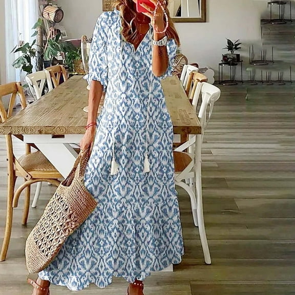 BLTIBY 2025 Women Boho Maxi Dresses Short Sleeve Summer Bohemian Floral Printed V Neck Tie Casual Loose Beach Dress Sky Blue L