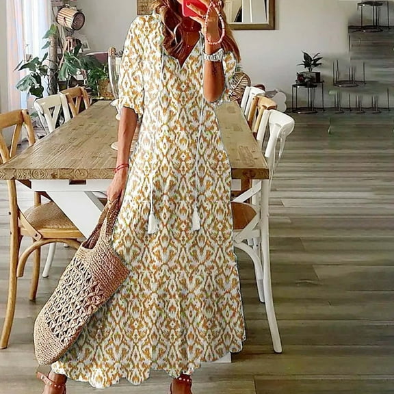 BLTIBY 2025 Women Boho Maxi Dresses Short Sleeve Summer Bohemian Floral Printed V Neck Tie Casual Loose Beach Dress Yellow XXL