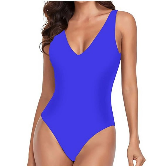 BLTIBY 2025 Women One Piece Swimsuits Slimming Tummy Control Bathing Suit Solid Color V Neck Wraps Fashion Swimwear Blue XL