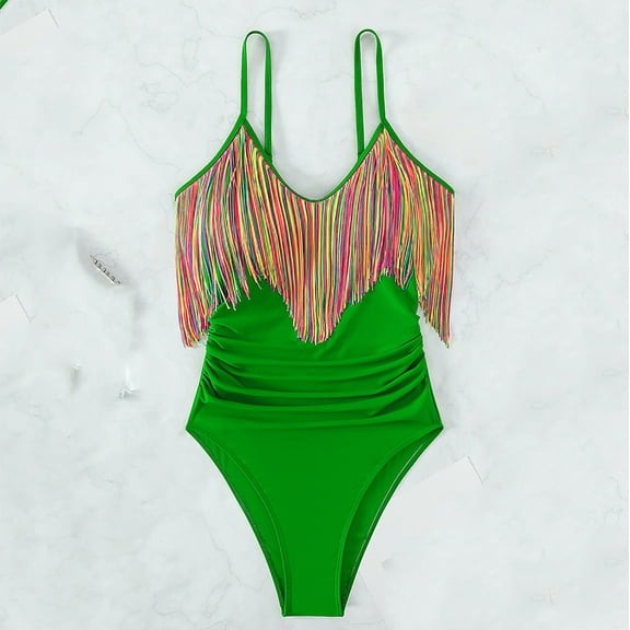 BLTIBY 2025 Women One Piece Swimsuits V-Neck Straps Sleeveless Solid Color Fringe Bathing Suits Drawsting Thong Bikini Swimwear Green L