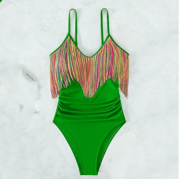 BLTIBY 2025 Women One Piece Swimsuits V-Neck Straps Sleeveless Solid Color Fringe Bathing Suits Drawsting Thong Bikini Swimwear Green XL