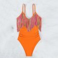 thumbnail image 1 of BLTIBY 2025 Women One Piece Swimsuits V-Neck Straps Sleeveless Solid Color Fringe Bathing Suits Drawsting Thong Bikini Swimwear Orange L, 1 of 7