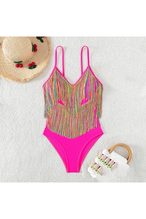 2025 Women One Piece Swimsuits V-Neck Straps Sleeveless Solid Color Fringe Bathing Suits Drawsting Thong Bikini Swimwear Pink S