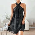 thumbnail image 1 of BLTIBY 2025 Women Sequin Dress Solid Color Sparkly Glitter Halter Sleeveless Short Party Night Out Club Fashion Slim Dress Black 3XL, 1 of 9