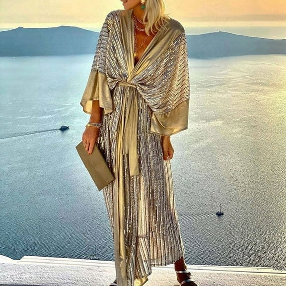 BLTIBY 2025 Women Sequin Dress Solid Color V Neck Sparkly Glitter Long Sleeve Long Party Night Out Club Fashion Dress with Belt Gold L