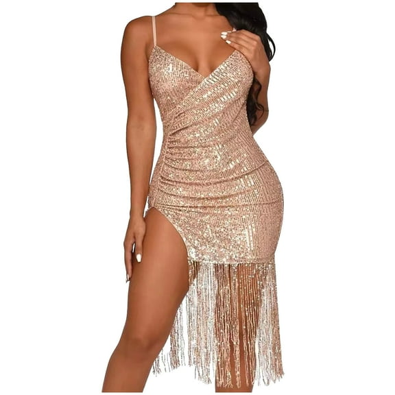 BLTIBY 2025 Women Sequin Dress Solid Color V Neck Sparkly Glitter Spaghetti Strap Fringe Sleeveless Short Party Night Out Club Fashion Dress Rose Gold XS