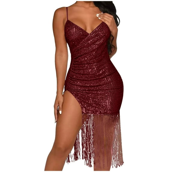 BLTIBY 2025 Women Sequin Dress Solid Color V Neck Sparkly Glitter Spaghetti Strap Fringe Sleeveless Short Party Night Out Club Fashion Dress Wine M