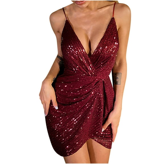 BLTIBY 2025 Women Sequin Dress Solid Color V Neck Sparkly Glitter Spaghetti Strap Sleeveless Short Party Night Out Club Fashion Dress Red L