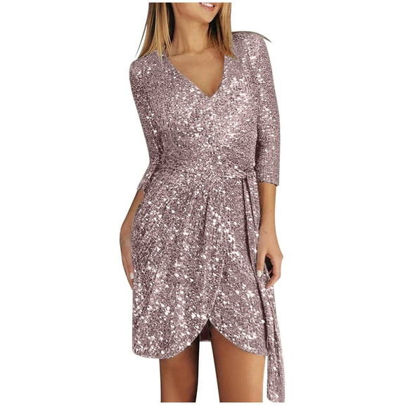 BLTIBY 2025 Women Sequin Dress Solid Color V Neck Sparkly Glitter Spaghetti Strap Sleeveless Short Party Night Out Club Fashion Dress Rose Gold XXL