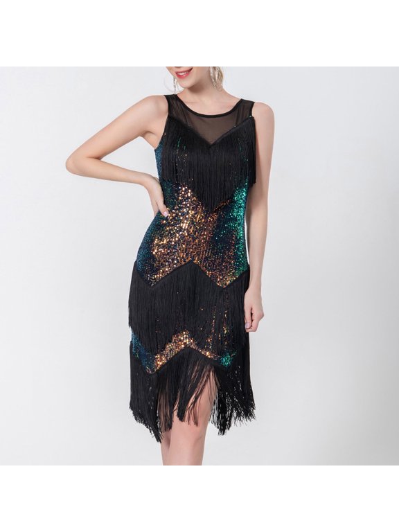2025 Women Sequin Latin Dress Fringe Sleeveless Ballroom Salsa Cha Cha Cocktail Dance Party Dresses Fashion Costumes Green S