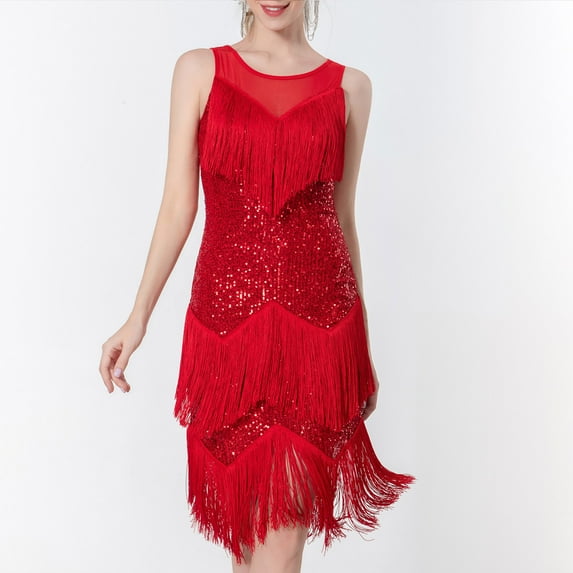 BLTIBY 2025 Women Sequin Latin Dress Fringe Sleeveless Ballroom Salsa Cha Cha Cocktail Dance Party Dresses Fashion Costumes Red L