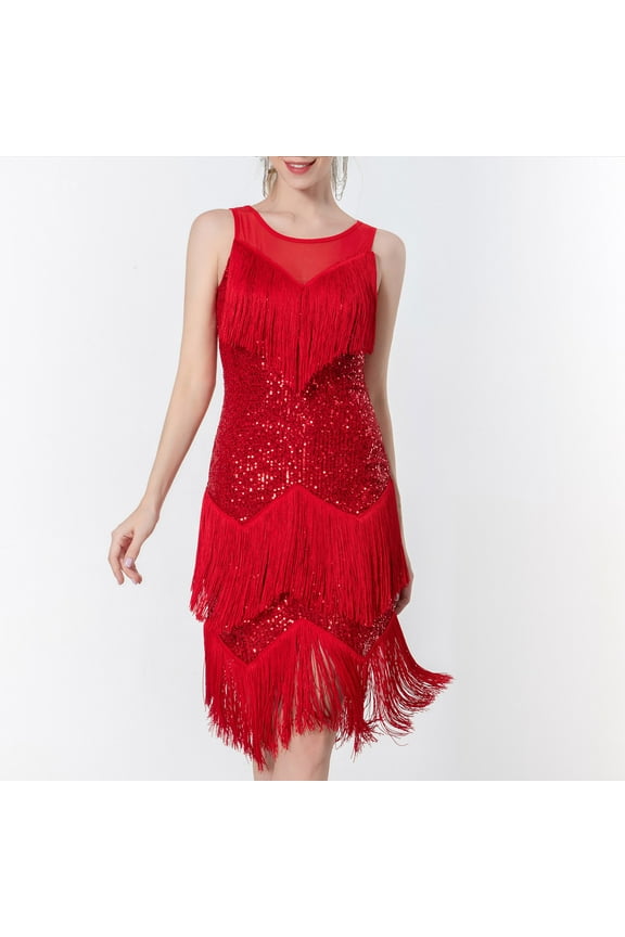 2025 Women Sequin Latin Dress Fringe Sleeveless Ballroom Salsa Cha Cha Cocktail Dance Party Dresses Fashion Costumes Red L