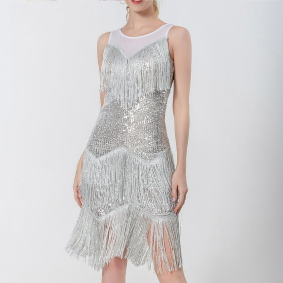 BLTIBY 2025 Women Sequin Latin Dress Fringe Sleeveless Ballroom Salsa Cha Cha Cocktail Dance Party Dresses Fashion Costumes Silver M