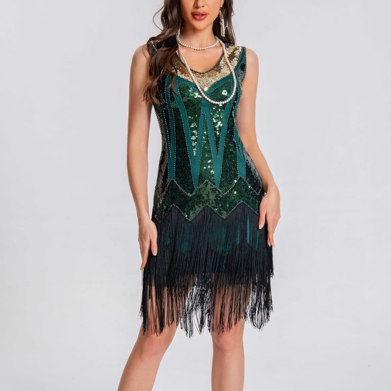 BLTIBY 2025 Women's 1920s Vintage Sequin Dress Lace V Neck Tassel Glitter  Art Deco Flapper Dresses with Sleeveless Green XXL - Walmart.com