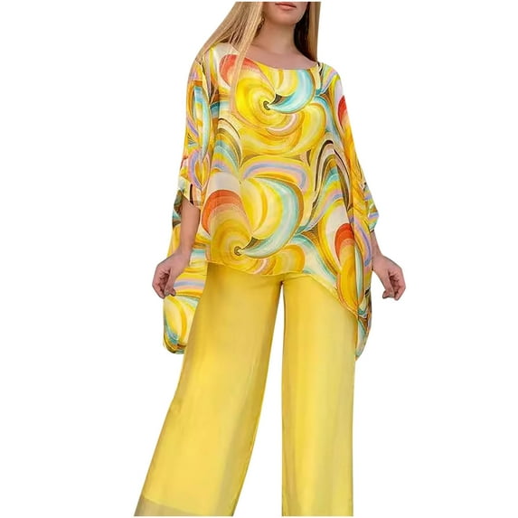 BLTIBY 2025 Women’s 2 Piece Set Wedding Guest Pant Suit Printed Elegant Formal Chiffon Evening Party Outfits Yellow M