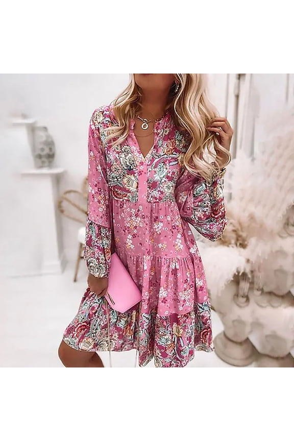 2025 Women's Bohemian Summer Dress Long Sleeve V Neck Floral Printed Boho Casual Loose Fashion Dresses with Knee Length Hot Pink XL