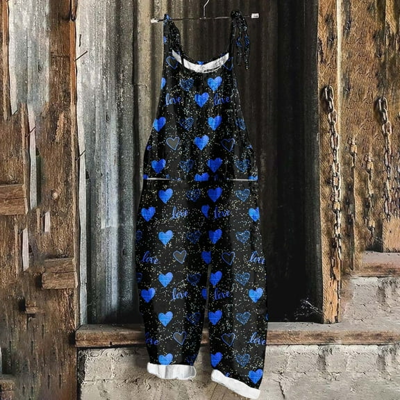 BLTIBY 2025 Women's Casual Overalls Jumpsuits Printed Loose Adjustable Sleeveless Wide Leg Long Pants Fashion Rompers Trousers with Pockets Blue 4XL