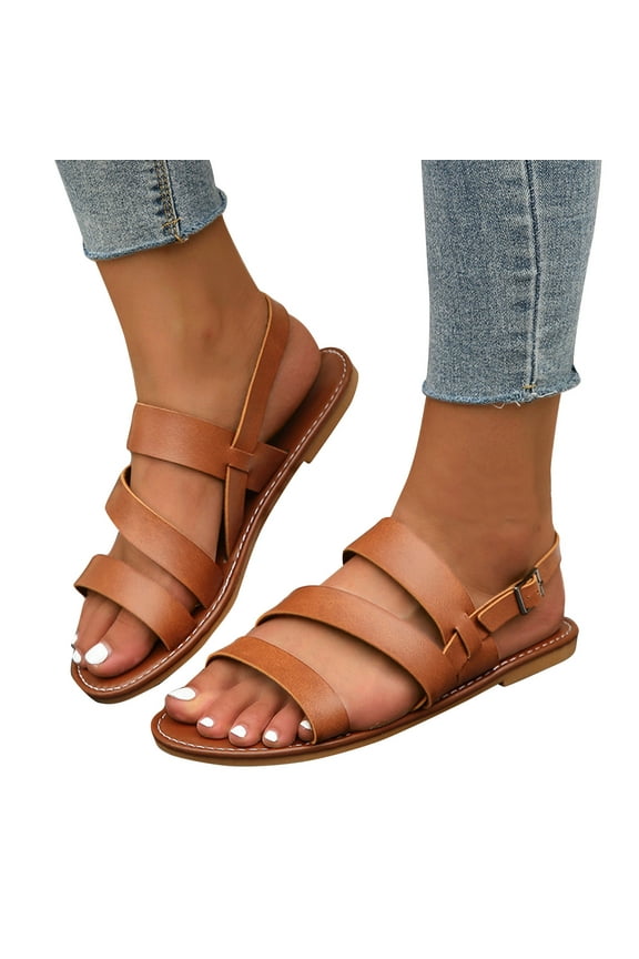 2025 Women's Flat Sandals Ankle Strap Open Toe Summer Round Toe Buckle Sandal Beach Comfortable Platform Outdoor Dress Shoes Brown 7.5