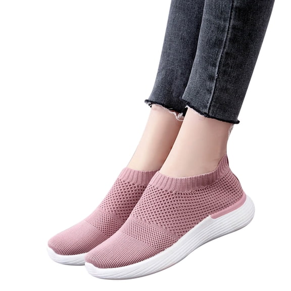 BLTIBY 2025 Women's Flat Shoes Breathable Fly Woven Mesh Sneakers Casual Fashion Non-Slip Walking Shoes Comfortable Soft Sole Slip-on Loafers Tennis Shoes Pink 37