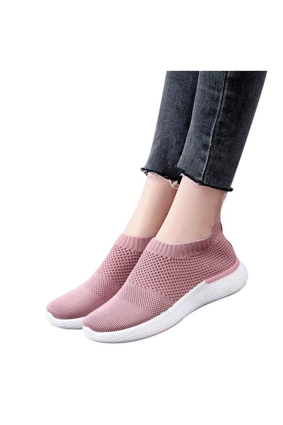 2025 Women's Flat Shoes Breathable Fly Woven Mesh Sneakers Casual Fashion Non-Slip Walking Shoes Comfortable Soft Sole Slip-on Loafers Tennis Shoes Pink 39