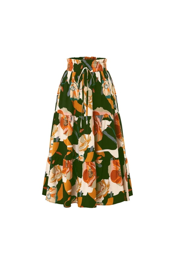 2025 Women's High Elastic Waist Midi Skirt Casual Summer Trendy Tie Front Flowy Ruffle Floral Print A Line Skirts Army Green L