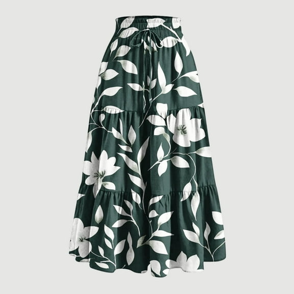 BLTIBY 2025 Women's High Elastic Waist Midi Skirt Casual Summer Trendy Tie Front Flowy Ruffle Floral Print A Line Skirts Army Green XL