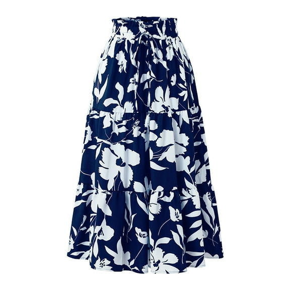 BLTIBY 2025 Women's High Elastic Waist Midi Skirt Casual Summer Trendy Tie Front Flowy Ruffle Floral Print A Line Skirts Blue L