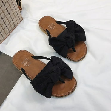BLTIBY 2025 Women's Orthopedic Bow Slippers Solid Colour Shoes Open Toe Ladies Summer Flat Stylish Beach Sandals Black 4.5