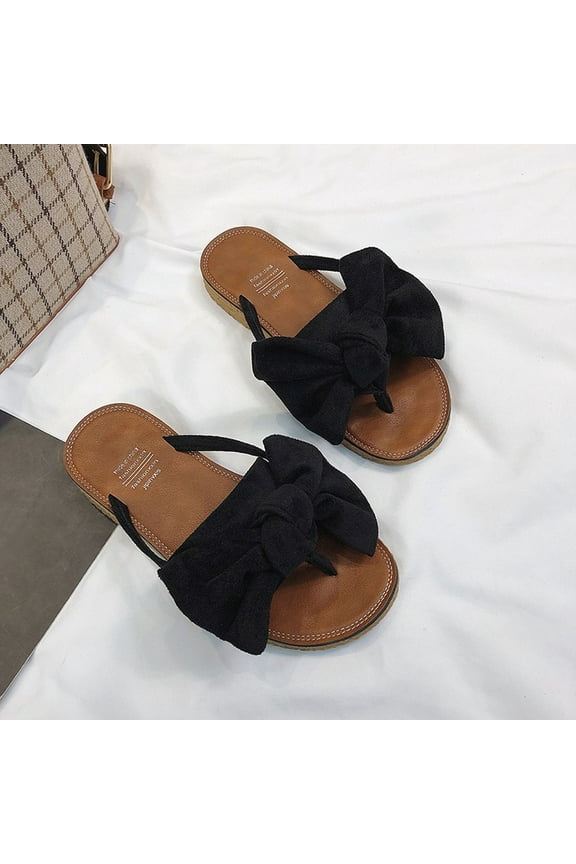 2025 Women's Orthopedic Bow Slippers Solid Colour Shoes Open Toe Ladies Summer Flat Stylish Beach Sandals Black 4.5