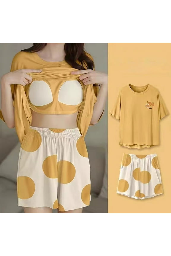 2025 Women's Pajama Sets Printed Warm Long Sleeve Pants 2 Piece Sleepwear with Breast Pad Round Neck Pjs Lounge Set Fashion Comfortable Homewear Yellow M