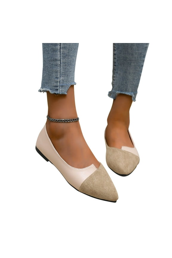 2025 Women's Pointy Toe Loafer Flat Shoes Comfortable Faux Suede Leather Patchwork Work Shoes Ballet Shoes Beige 39